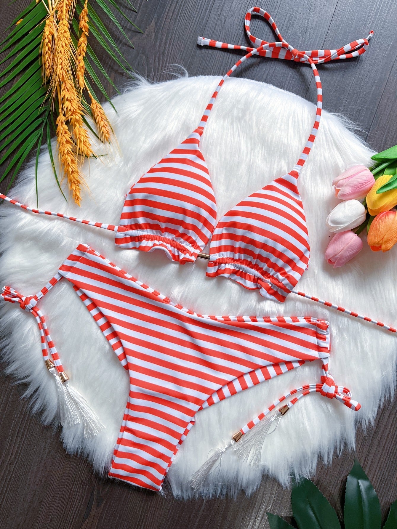 Printed Split Bikini Swimsuit Sexy Braid Rope Triangle Women Swimsuit Swimming Set