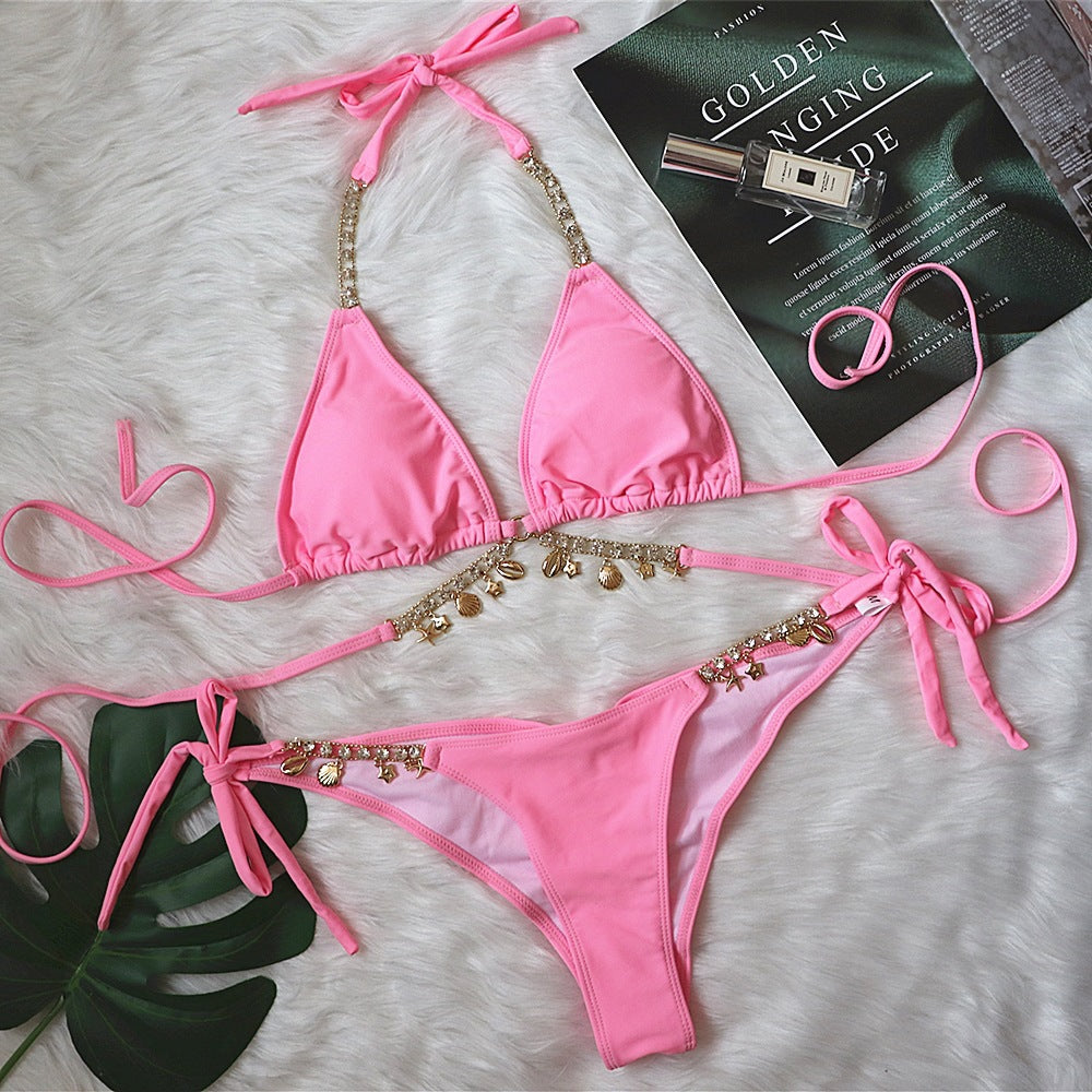 Swimsuit Sexy Lace-up Plain Women Split Crystal Diamond Bikini Creative Accessories Swimsuit