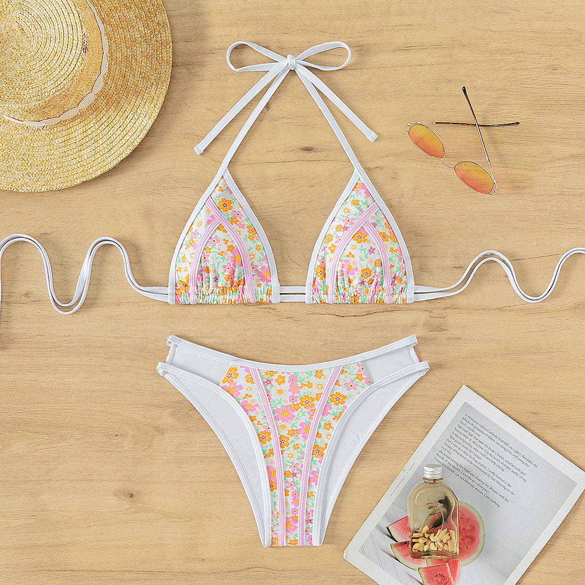 Bikini Triangle Lace up Small Floral Print Sexy Split Bikini Swim Two Piece Sets Women