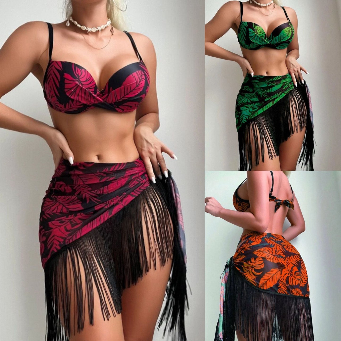 Three Piece Set Sexy Swimsuit Sexy Push up Printed Tassel Dress Swimsuit