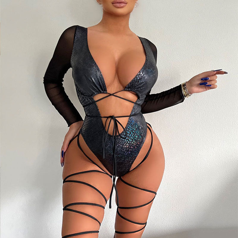 Bikini Long Sleeve Sexy Swimsuit Women Lace up Cutout Backless Bronzing Bikini