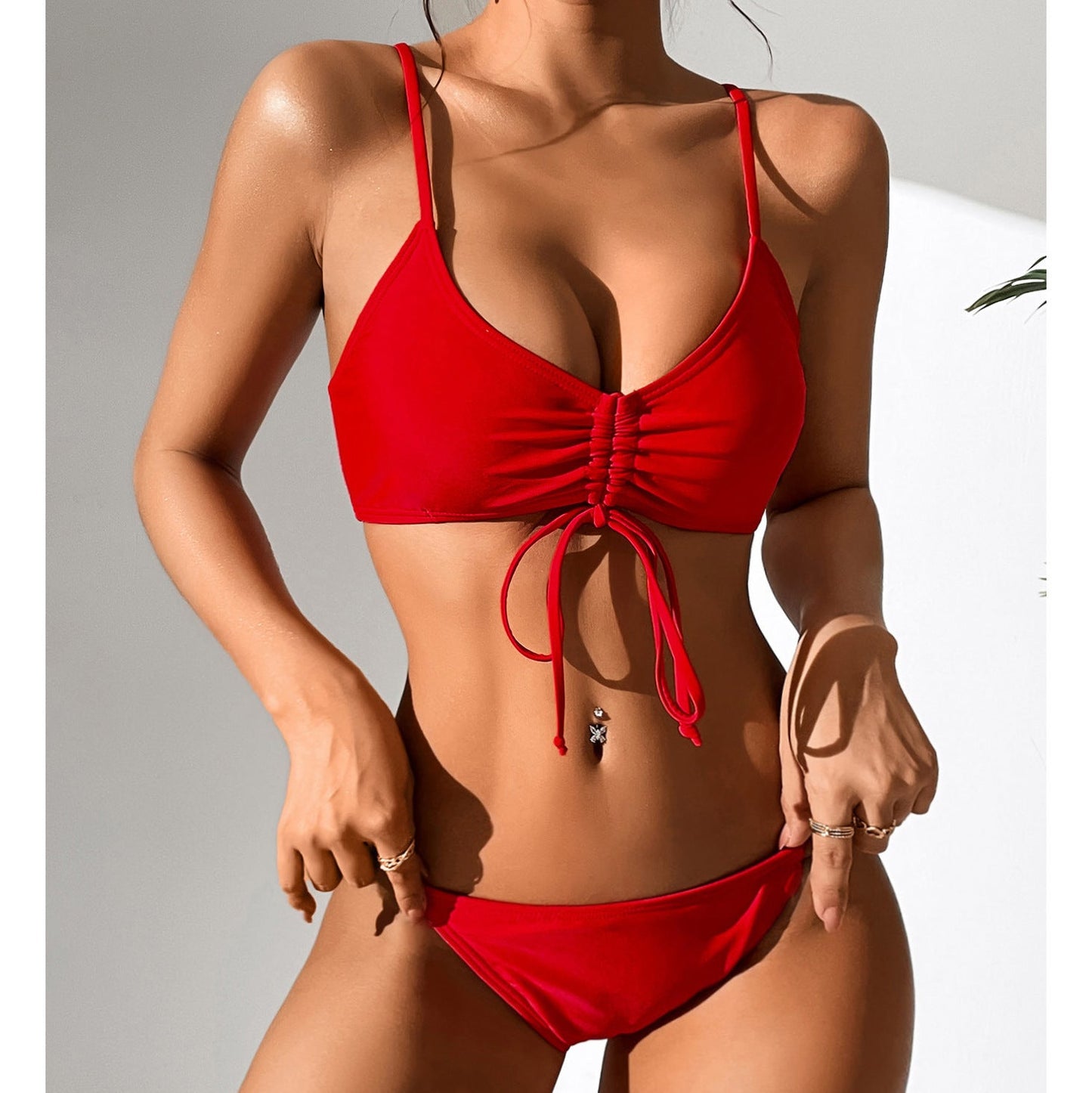 Solid Color Drawstring Lace Sexy High Waist Split Swimsuit Bikini Swimsuit Women