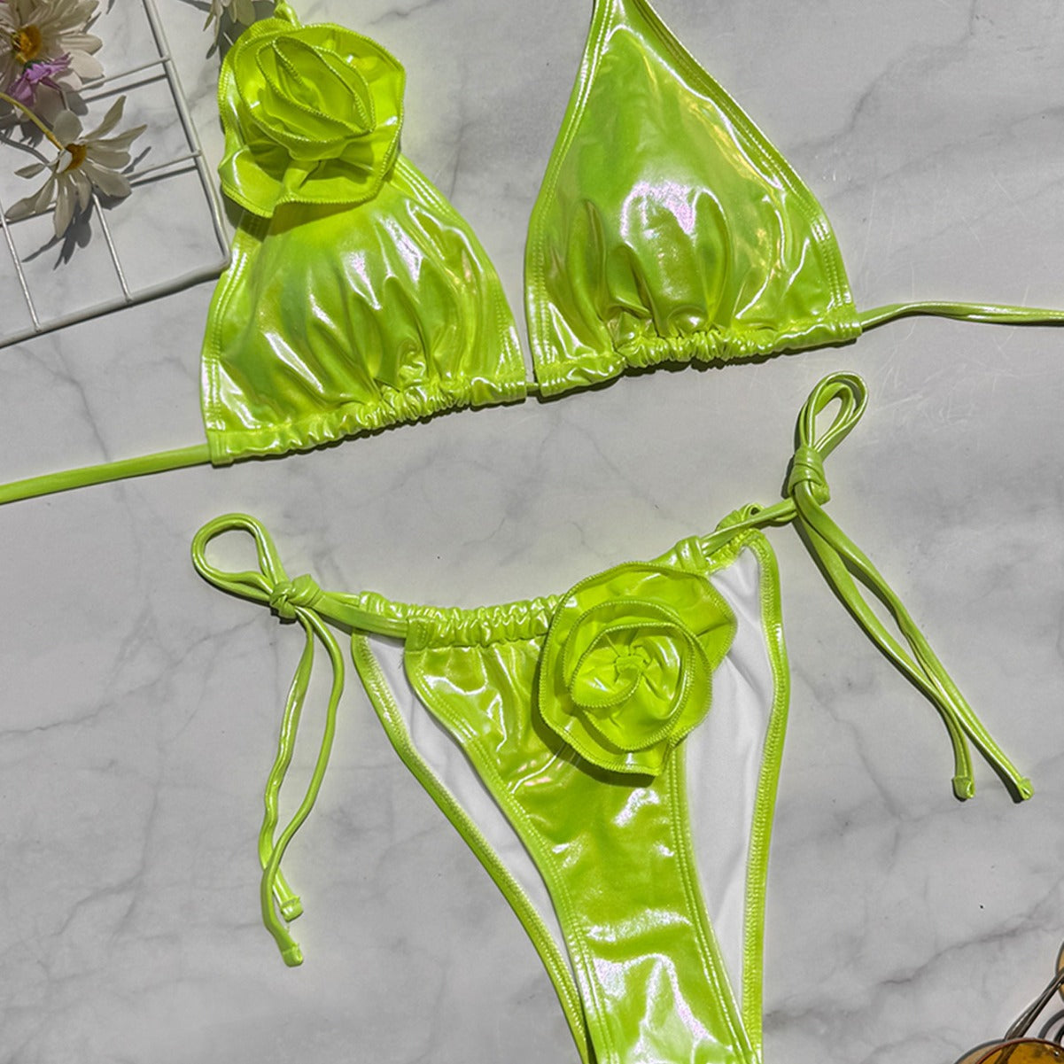 Bronzed Fabric Split Bikini Three Dimensional Floral Sexy Hanging Triangle Bag Swimsuit