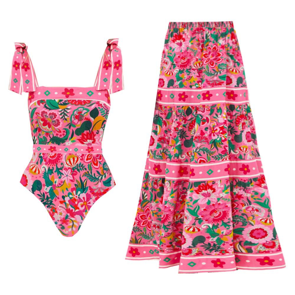 Printed Bow Shoulder Strap One Piece Swimsuit Women