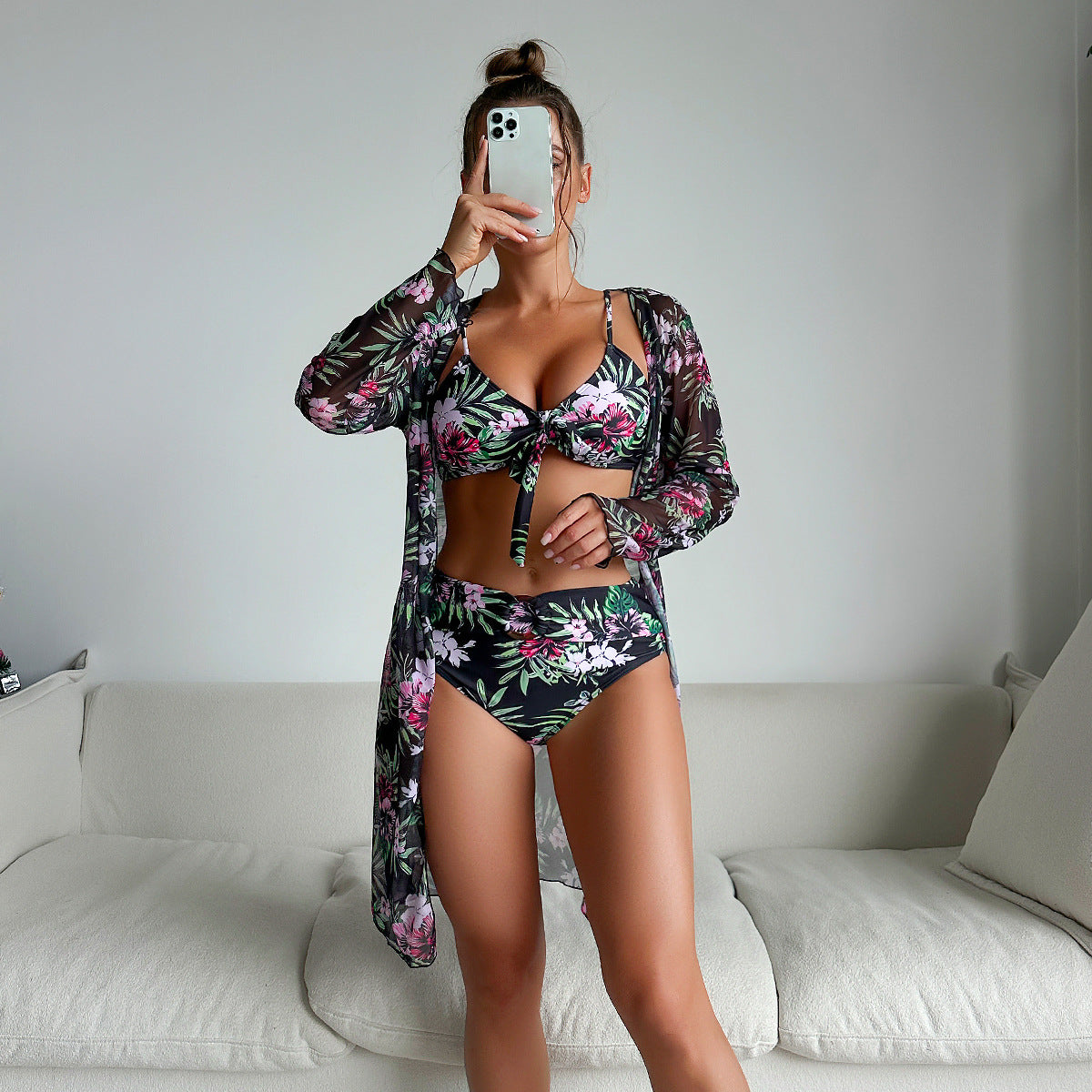 Swimsuit Women Two Piece Printed Long Sleeve Internet Celebrity Bikini Three Piece Swimsuit