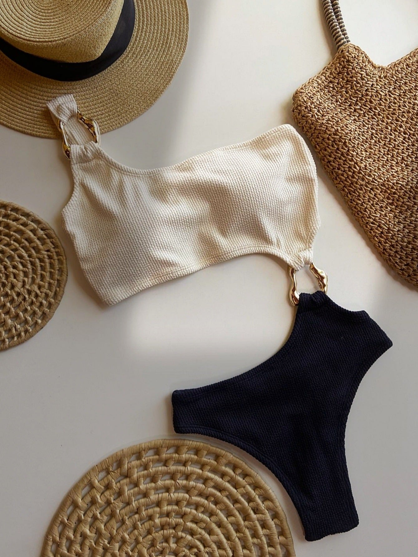 Irregular Asymmetric Metal Accessories Rib Fabric One Piece Swimsuit Beach Sexy Women Swimsuit