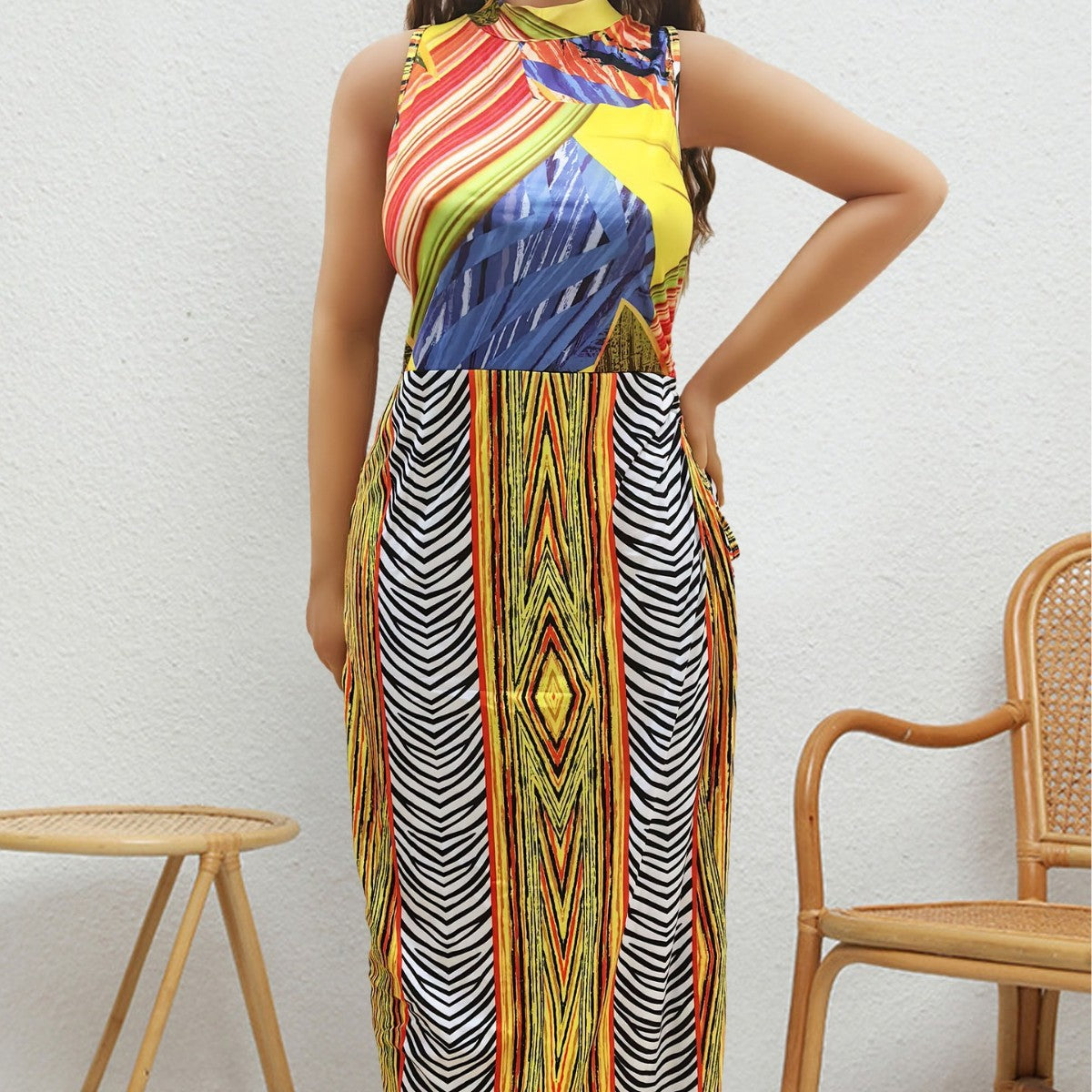 plus Size Women Women Clothing Summer Retro Mixed Color Printing Random Non Positioning Split Tied Dress