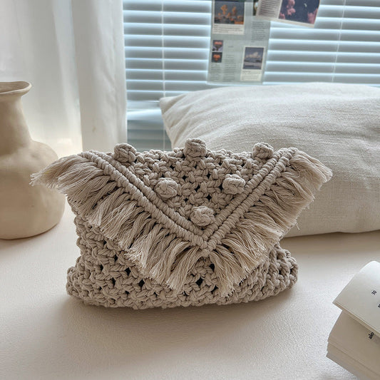 Beanie Crossbody Cotton Thread Woven Bag Women Tassel Bag Cover Shoulder Straw Bag Vacation Beach Bag