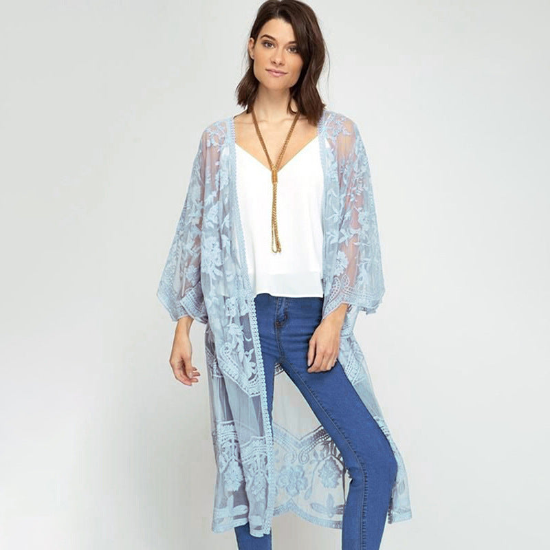 Sexy Grape Silk Embroidered Seaside Vacation Sun Protection Clothing Beach Jacket Bikini Swimsuit Outwear Cardigan for Women