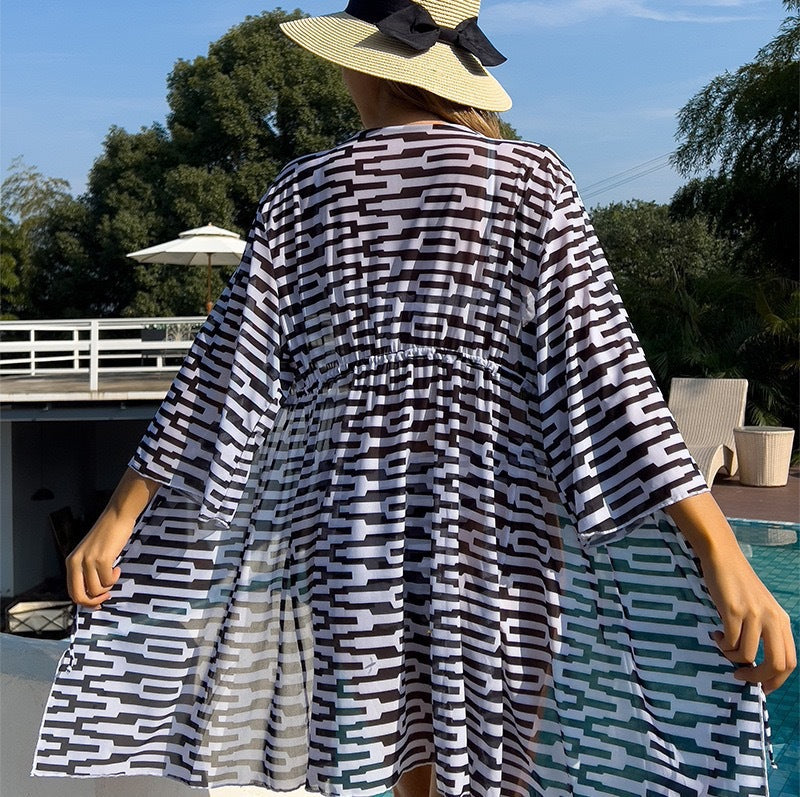 Lonkey Mesh Three Piece Swimsuit Women's Digital Printing Twist Bag Sun Protection Clothing