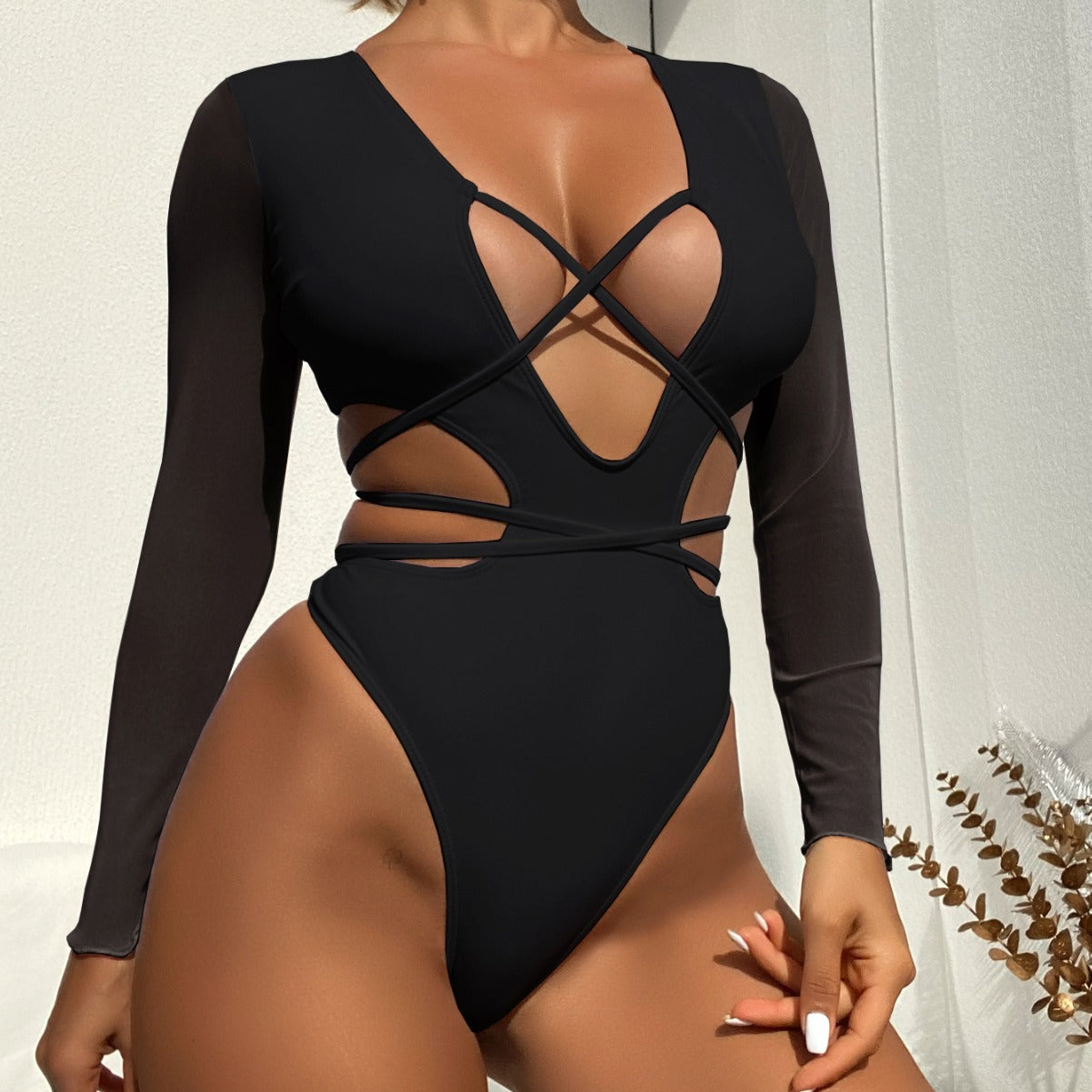 Women Solid Color Long Sleeve One Piece Swimsuit Sexy Bikini