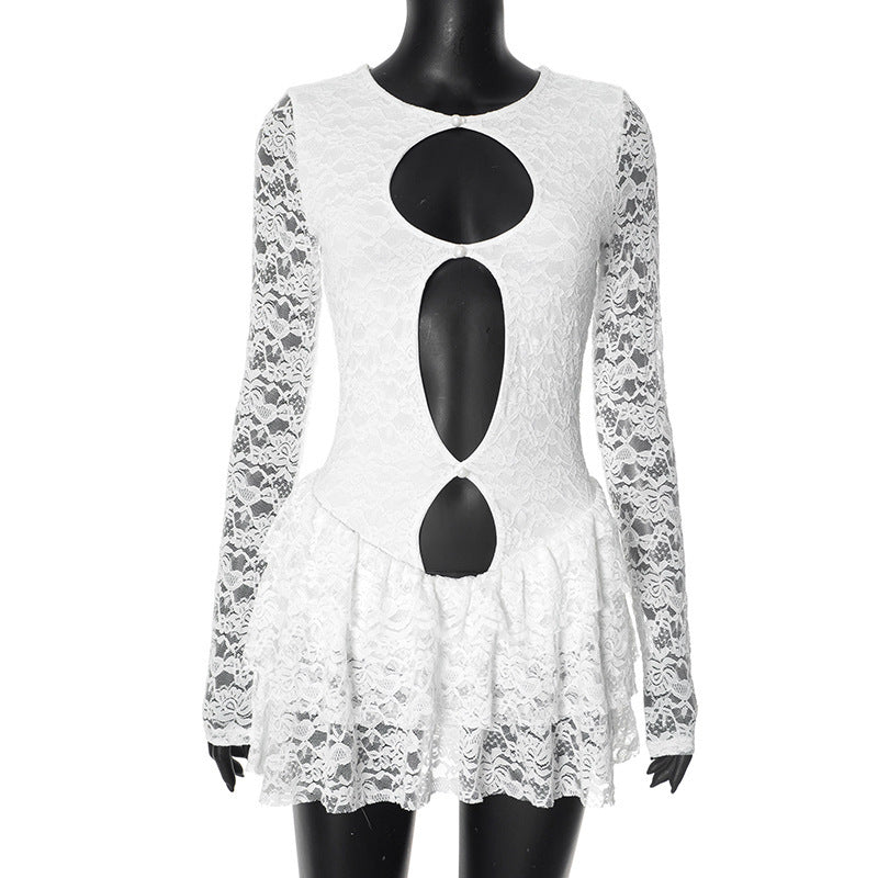 Women Clothing Summer Character Hollow Out Cutout Lace Long Sleeve Ruffled Sheath Dress