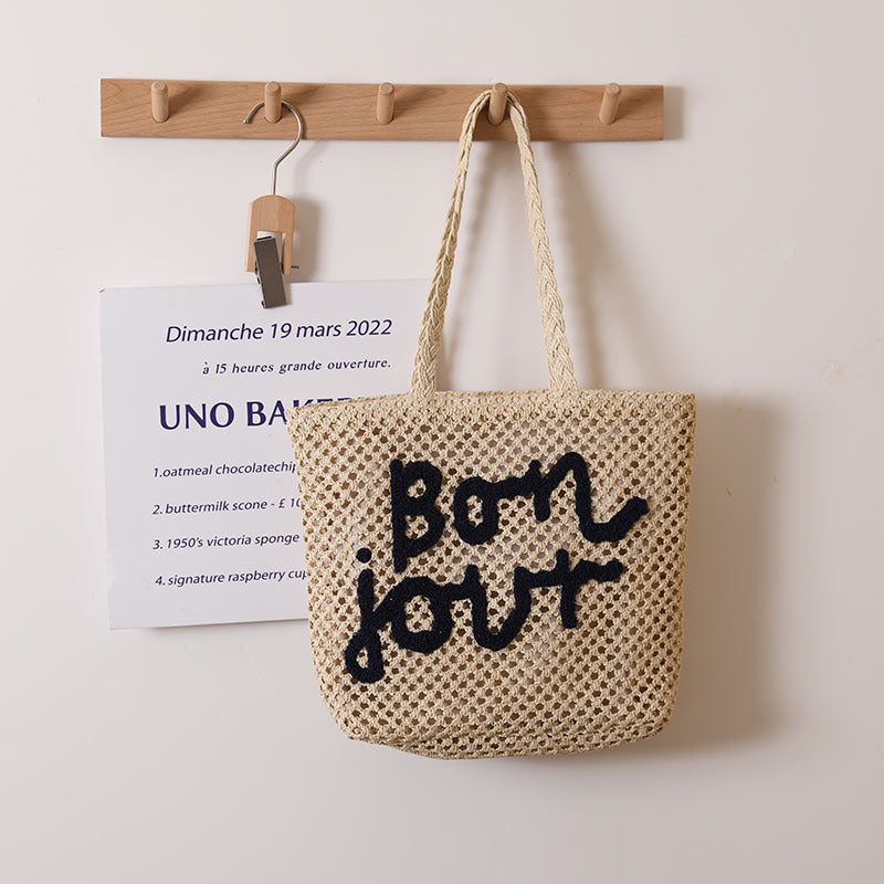 Letter Graphic Embroidery Woven Bag All Match Shoulder Hollow Out Cutout Straw Bag Vacation Beach Bag Women Bag