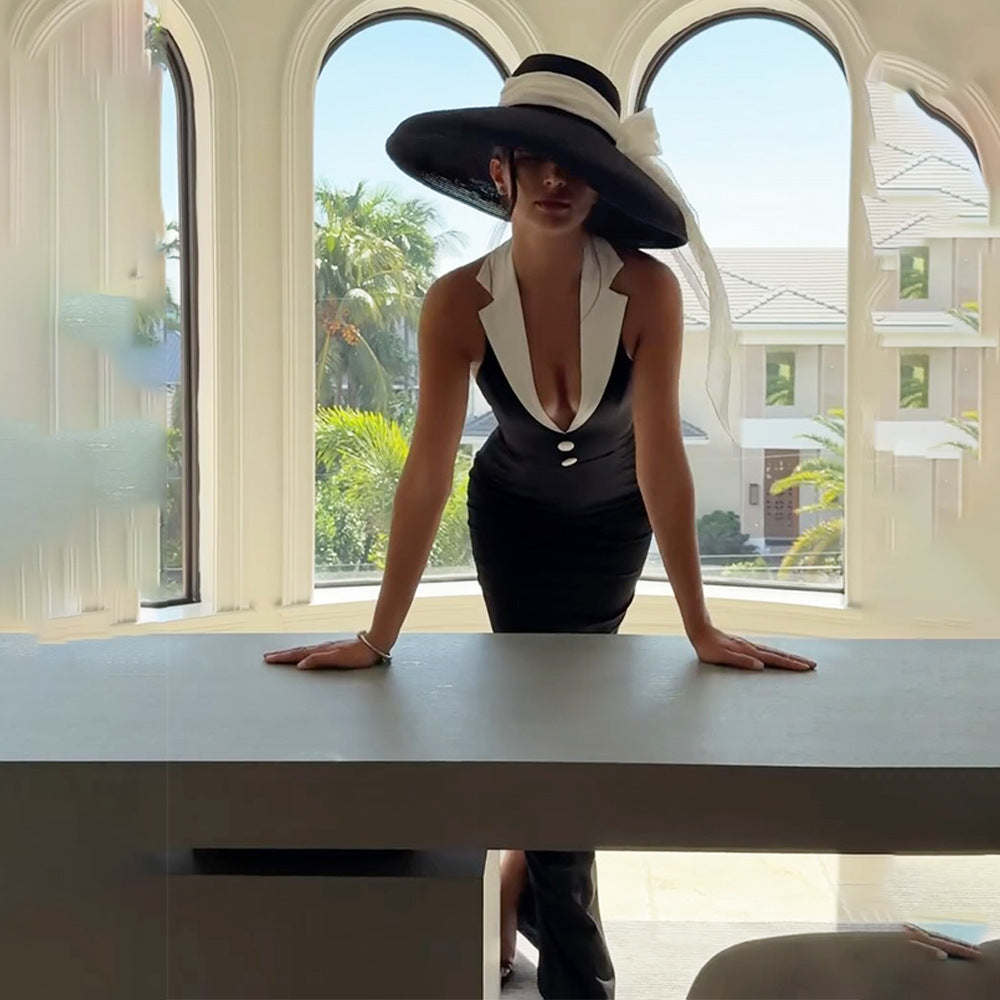 Spring Summer Elegant Collared Dress Sexy Backless Slit Slimming Dress