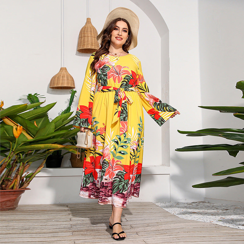Plus Size Printed Long Sleeve Dress High Waist Lace up Vacation Swing Maxi Dress