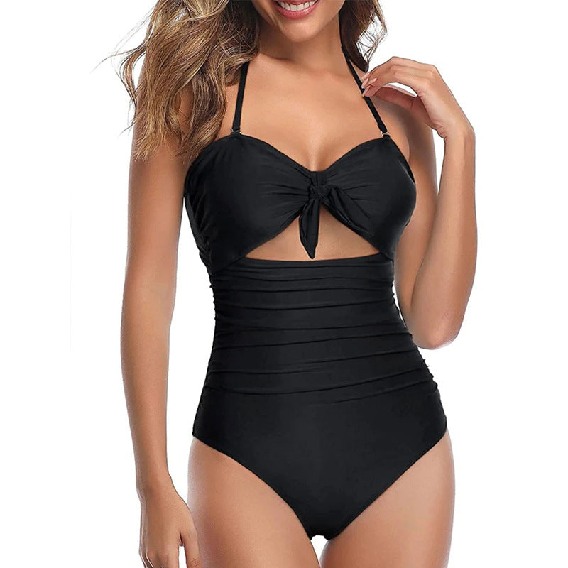 Slim Sexy Push Up Flab Hiding Halter Lace Up One Piece Women Double Shoulder Strap Swimsuit