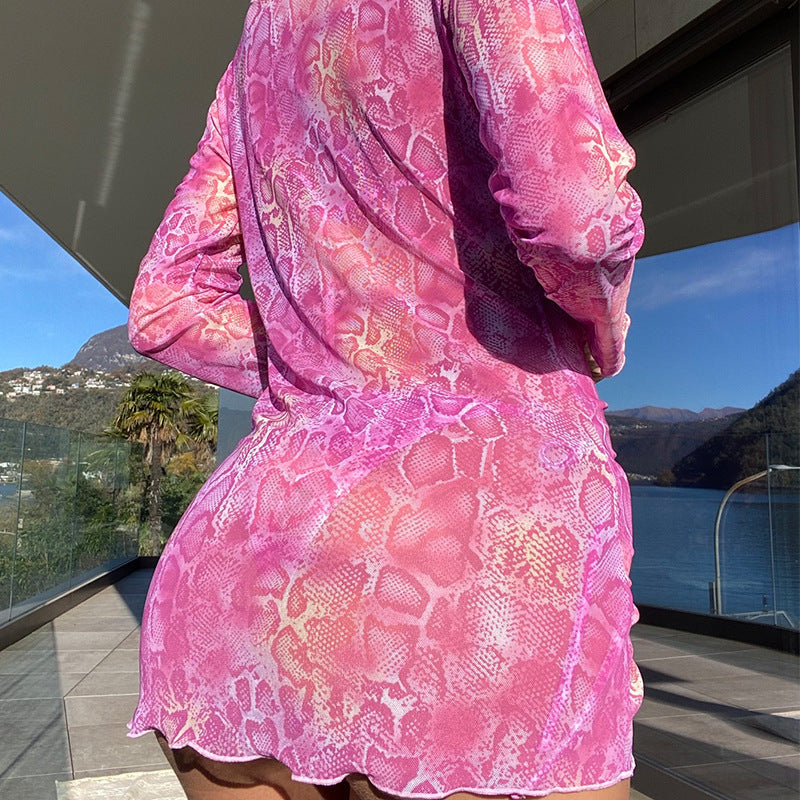 Halter Long Sleeve Two Piece Swimsuit Printed Sexy Three Piece Bikini Swimsuit