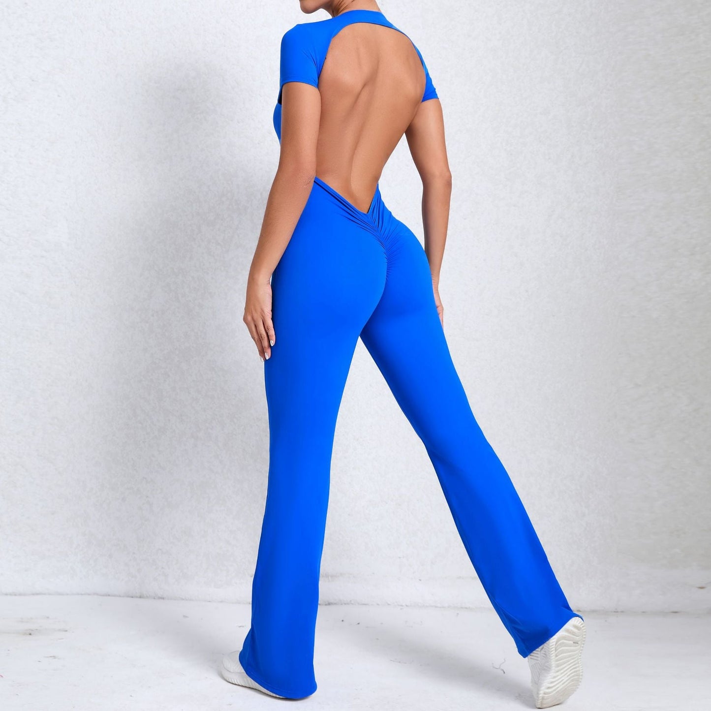 Bare Back Short Sleeve Nude Feel Yoga Outer Wear Fitness Sports Jumpsuit