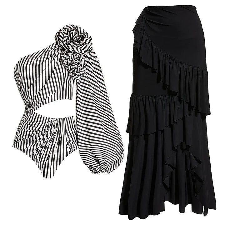 Sexy One Piece Swimsuit Women Pleated Ruffled Striped Swimsuit Bikini Mesh Maxi Dress