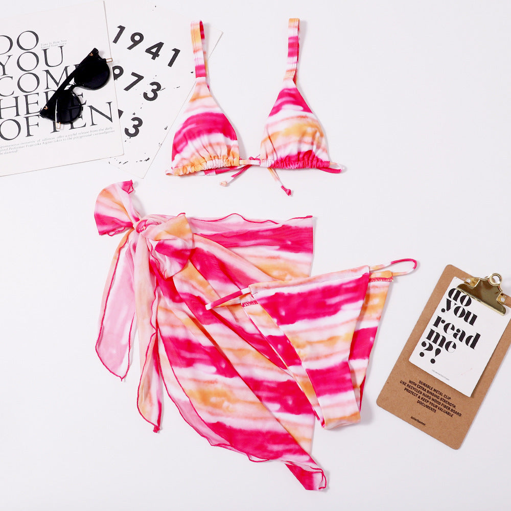 Sexy Women Triangle Split Bikini Mesh Three Piece Suit Crisp Linen Printed Women Swimsuit