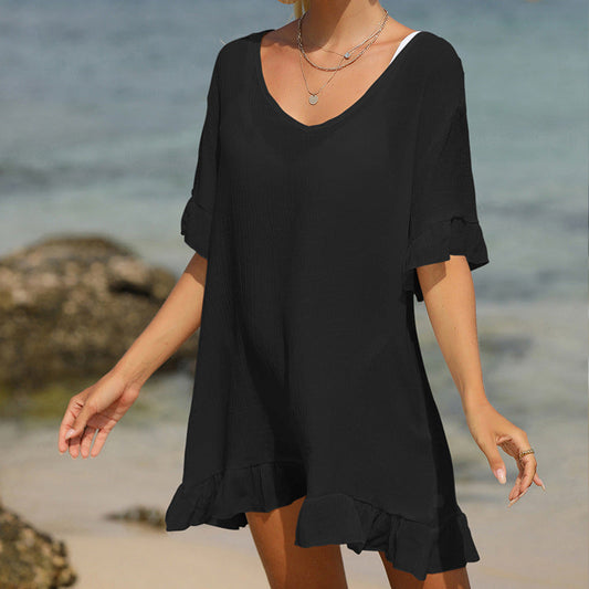 Bamboo Flounced Beach Cover Up Sexy Backless Seaside Sun Protection Shirt Bikini Cover