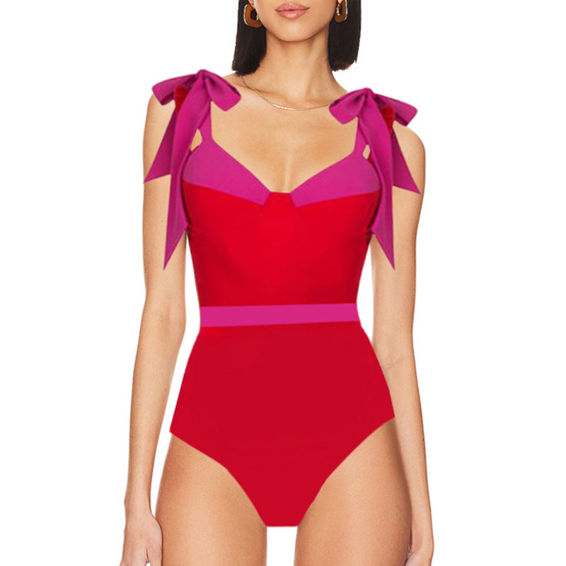 Solid Color One Piece Women Swimwear Suit European, French Spring Cover Belly Slimming Swimsuit