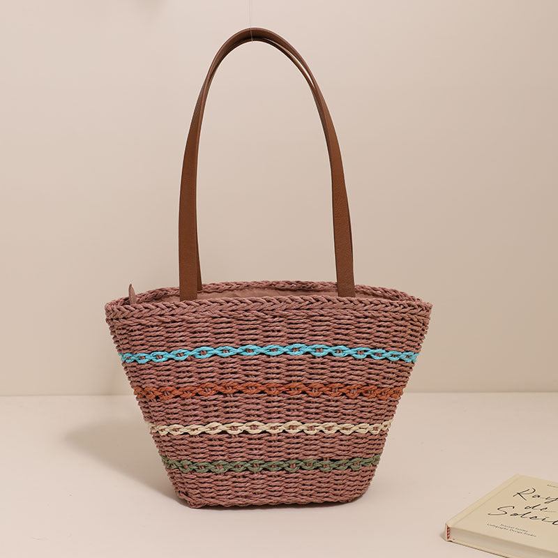 Colorful Striped Shoulder French Straw Bag Large Capacity Woven Bag Women Seaside Vacation Beach Bag