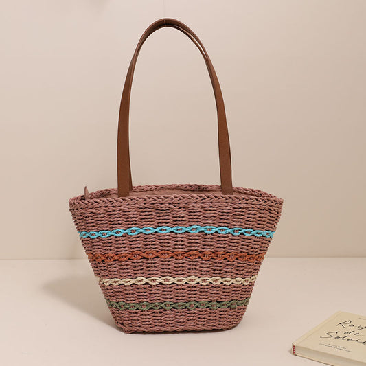 Colorful Striped Shoulder French Straw Bag Large Capacity Woven Bag Women Seaside Vacation Beach Bag