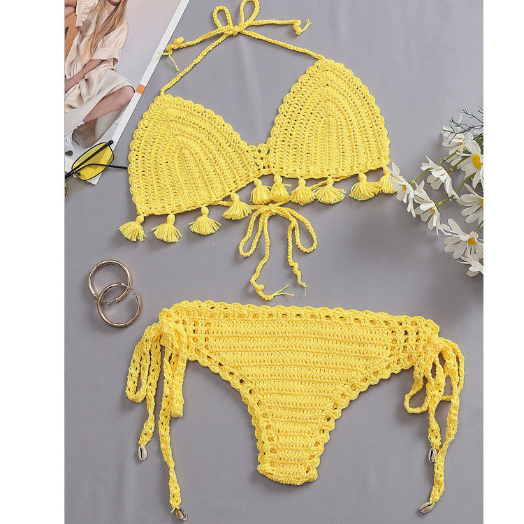 Beach Vacation Knitted Hand Crocheting Sexy Bikini Tassel Shell Strap Split Suit Multi-Color Optional Crochet hook
