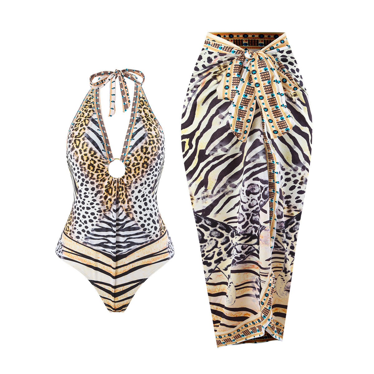 Bikini Leopard Print Lace up Halterneck Cover Belly Backless Gauze Skirt Sunscreen Swimsuit Women