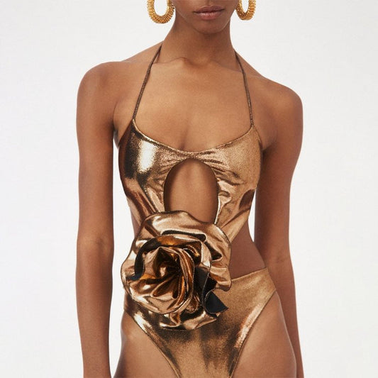Gold Handmade Floral Halter Hollow Out Cutout out Swimsuit Women