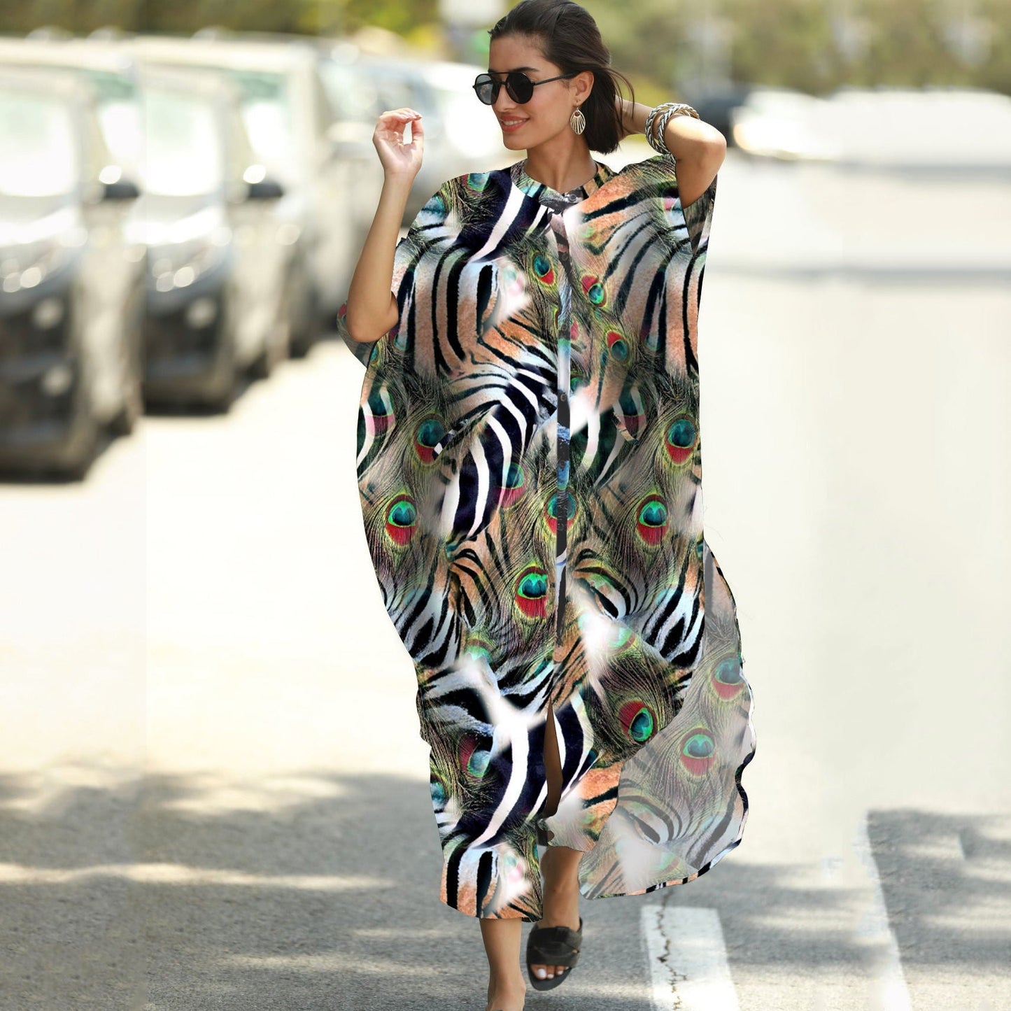 Beach Cover-up Elastic Printing Oversized Button Vacation Robe