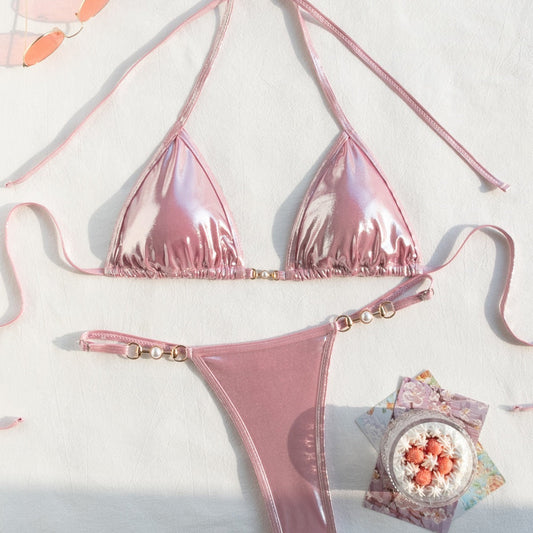 Split Swimsuit Women Sexy Backless Ornament Lace up Bikini Triangle Bag Bikini