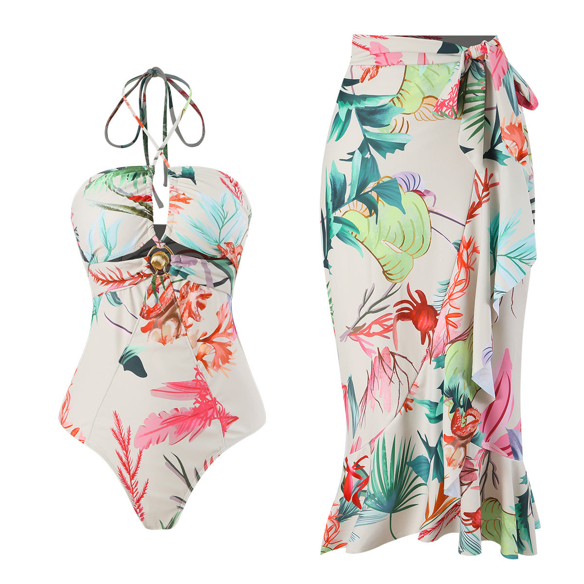 Bikini Digital Printed Two Piece Set Siamese Conservative Swimsuit for Women