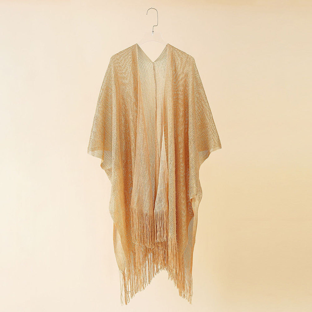 Beach Solid Color Sun Proof Tassel Knitting Beach Cover Up Sweater Shawl Cardigan