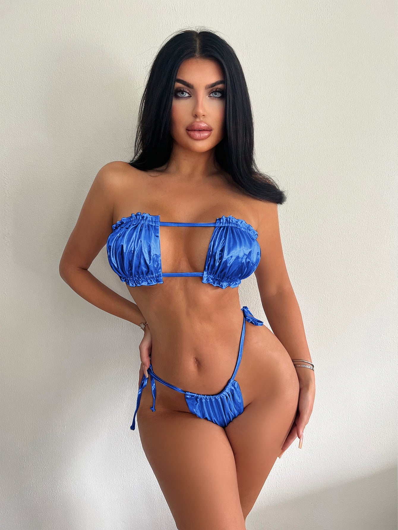 Bikini Bronzing Lace Pleated Tube Top Split Swimsuit Women Backless Lace up Bikini