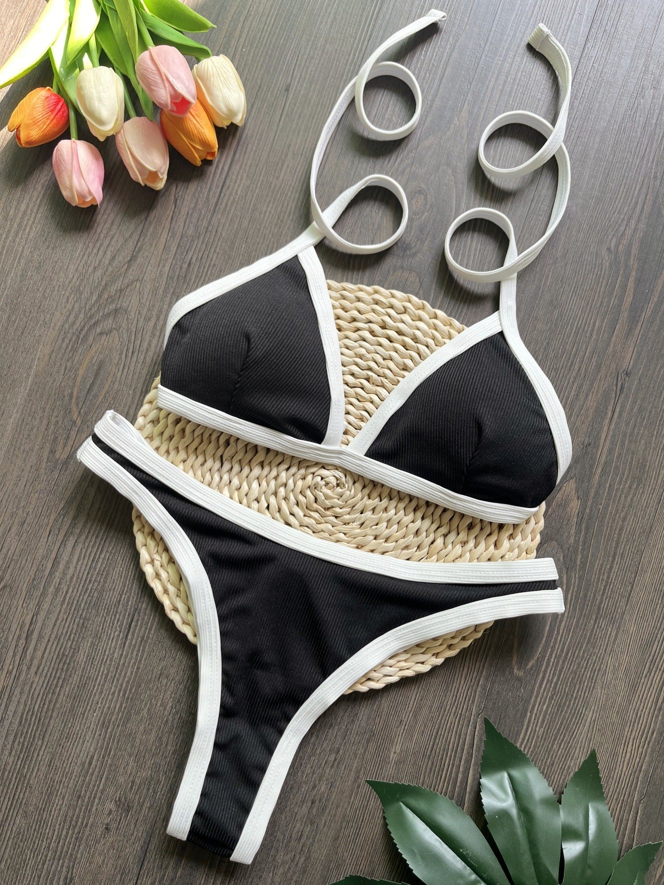 Sunken Stripe Black White Bikini Swimsuit Beach Sexy Women Swimsuit