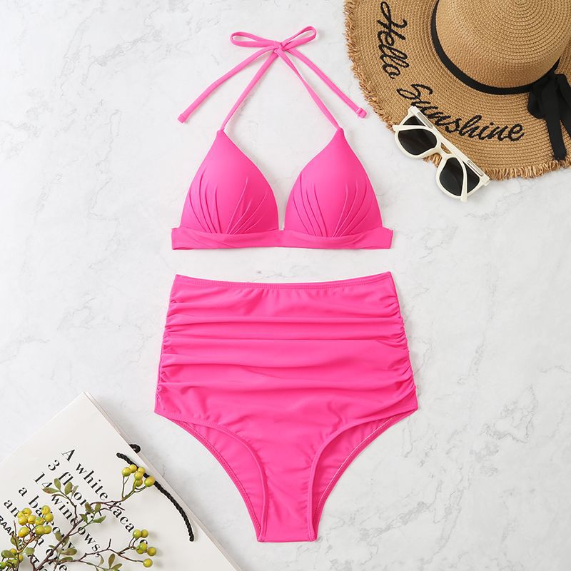Solid Color Bikini Lace up Triangle Sexy Split Swimsuit Pleated Swimsuit Women