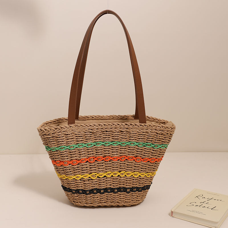 Colorful Striped Shoulder French Straw Bag Large Capacity Woven Bag Women Seaside Vacation Beach Bag