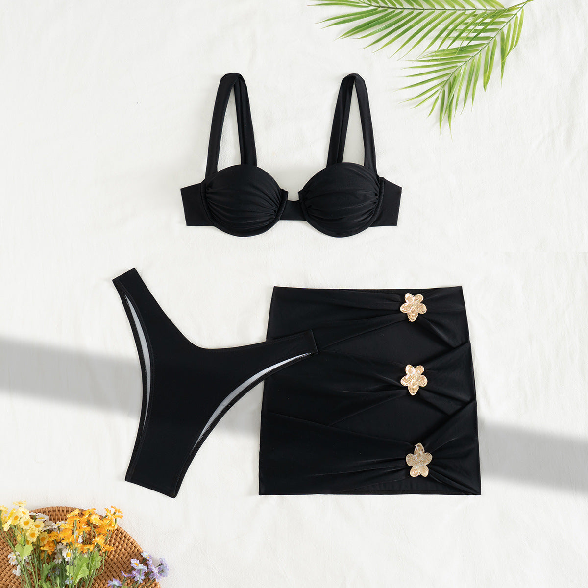 Short Skirt Three Piece Bikini Swimsuit Swimwear Solid Color Swimsuit for Women