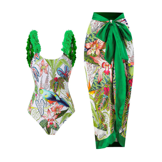 One Piece Printed Skirt Conservative Swimwear Two Piece Women Swimsuit