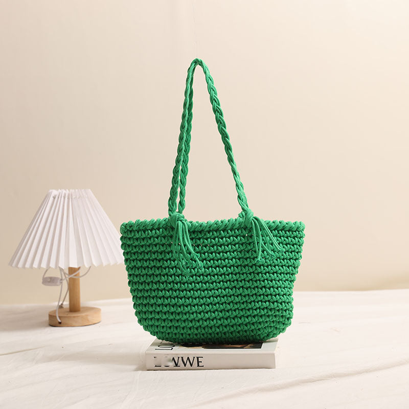 Tassel Shoulder Cotton Thread Woven Bag Solid Color Straw Bag Vacation Beach Bag Casual Women Bag