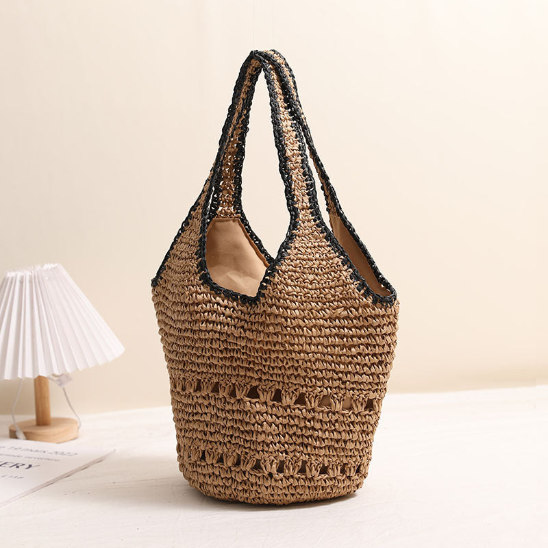 Large Capacity One Shoulder Straw Bag Casual Hollow Out Cutout Portable Straw Bag Woven Bag Women Seaside Vacation Beach Bag