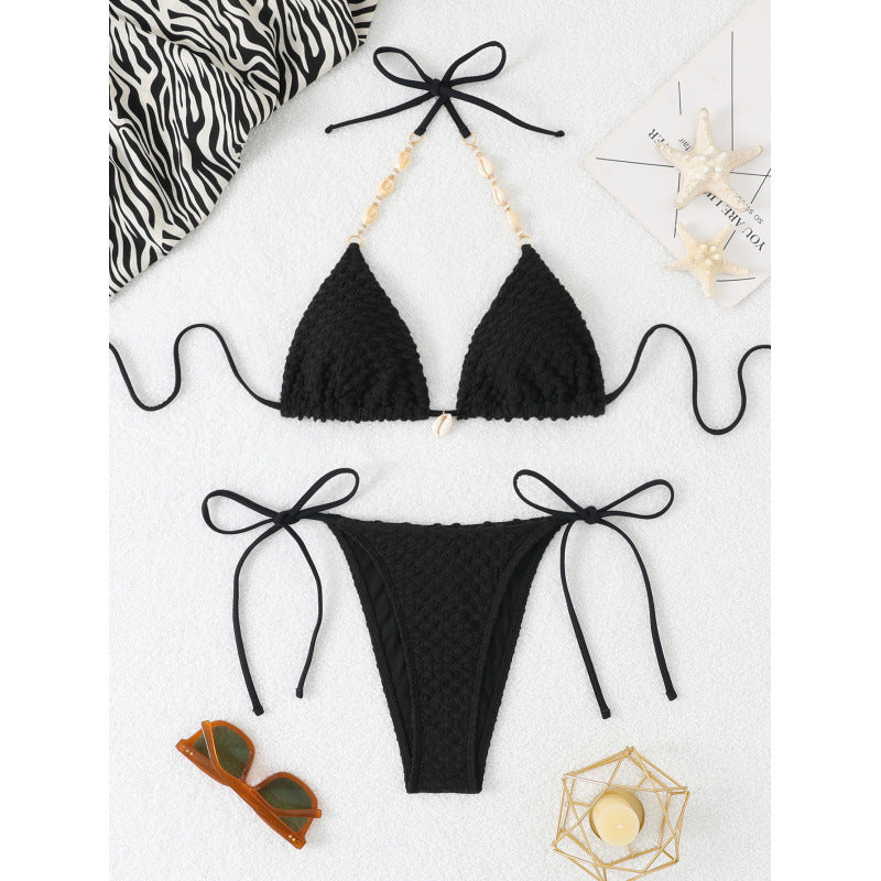 Solid Color Split Swimsuit Bikini High Grade Backless Deep V Plunge Sexy Wind Strap Design Three Point