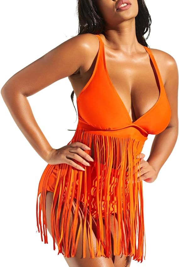 Women Seperated Swimwear Solid Color Tassel Sexy Bikini Swimsuit Bikini