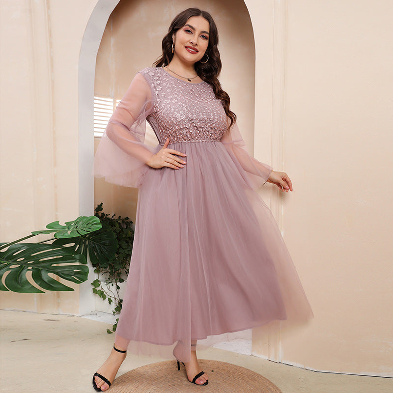 Plus Size Mesh Long Sleeve Dress Evening Dress Women Plump Girls Cocktail Party French Midi Dress