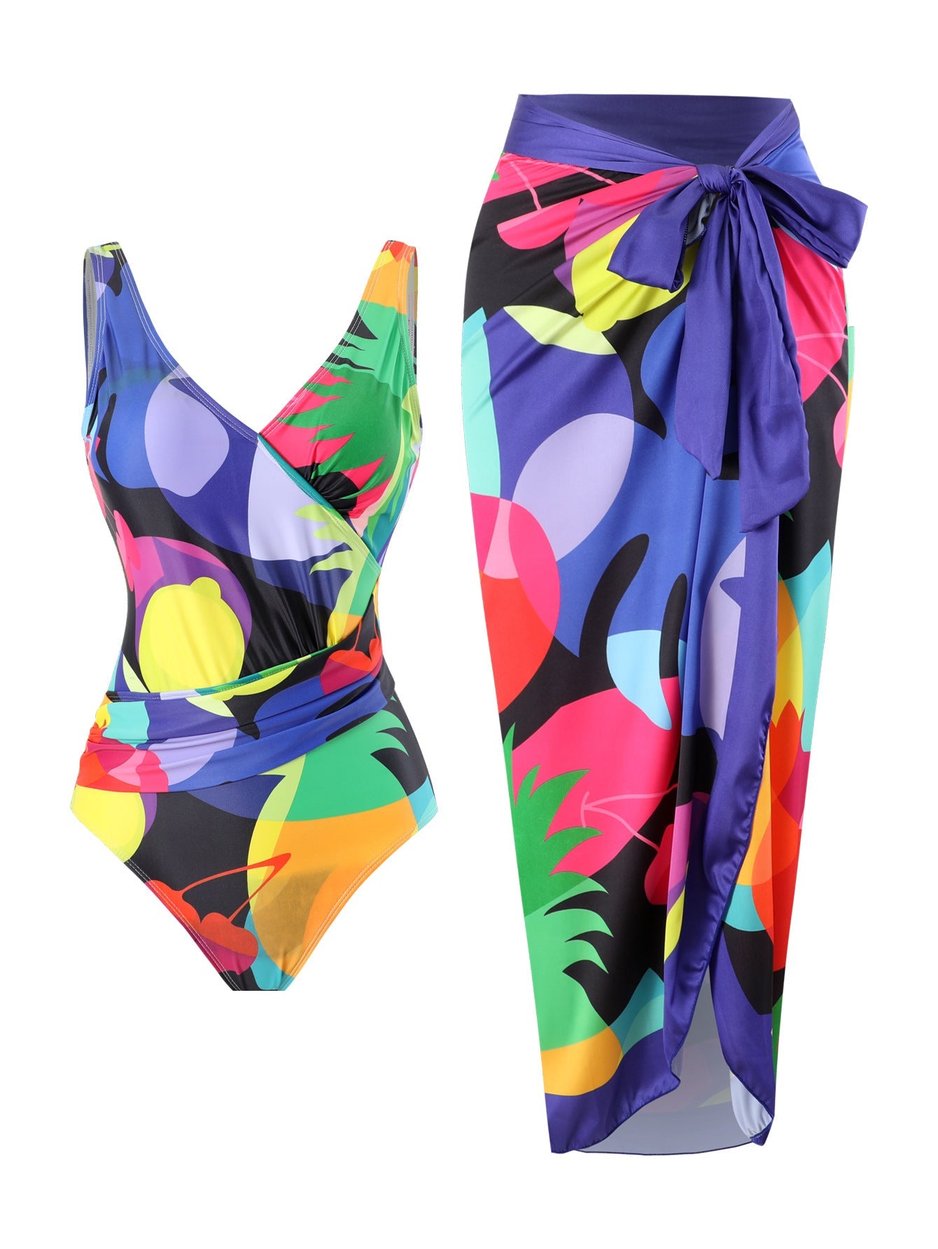 Two Piece Set Swimsuit Cross Belly Covering Printed Backless Sheath Dress Swimsuit