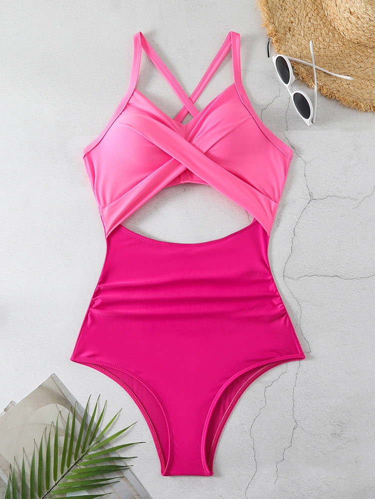 Color Matching One Piece Swimsuit Women Sexy Cross Bikini Beach Spring Swimsuit