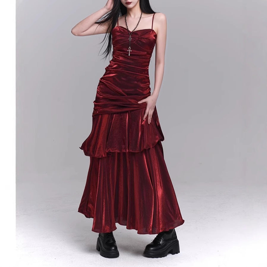 Dark Red Suspenders Dress Concert Birthday Dress High Grade Party Little Dress