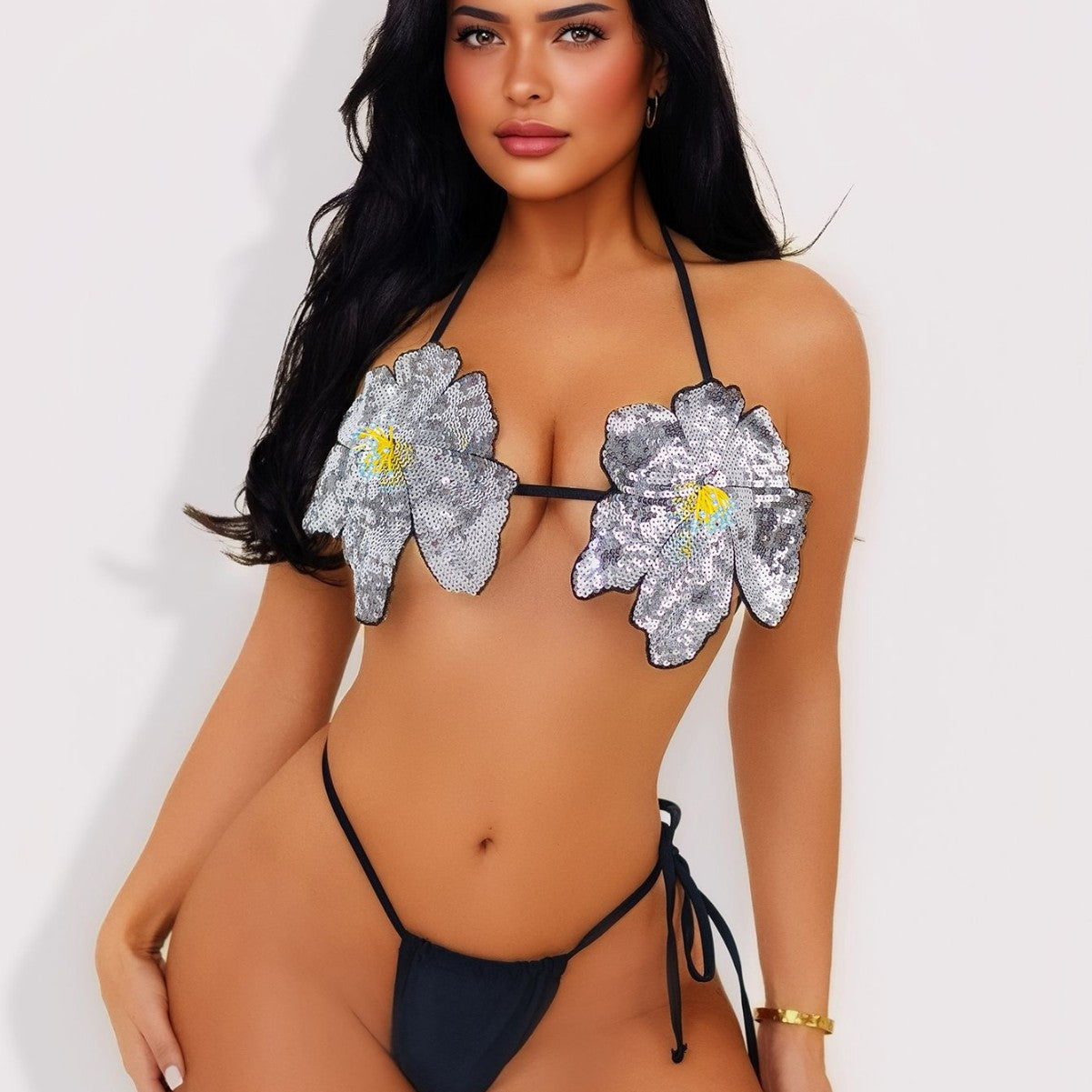 Sequined White Floral Halter Bikini Three Point Split Swimsuit Strap Sexy Swimsuit Women